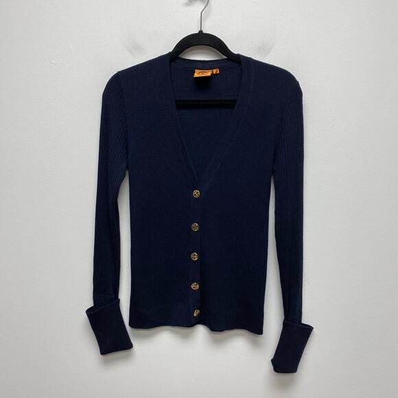 Tory Burch Womens Blue V-Neck Ribbed Merino Wool Button Front Cardigan Sweater L - Picture 1 of 8